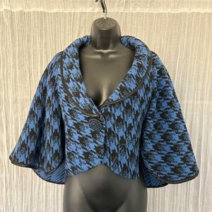 Vertigo Paris Jacket Blue Black Textured Collared Split Cape Sleeve Trim Size S